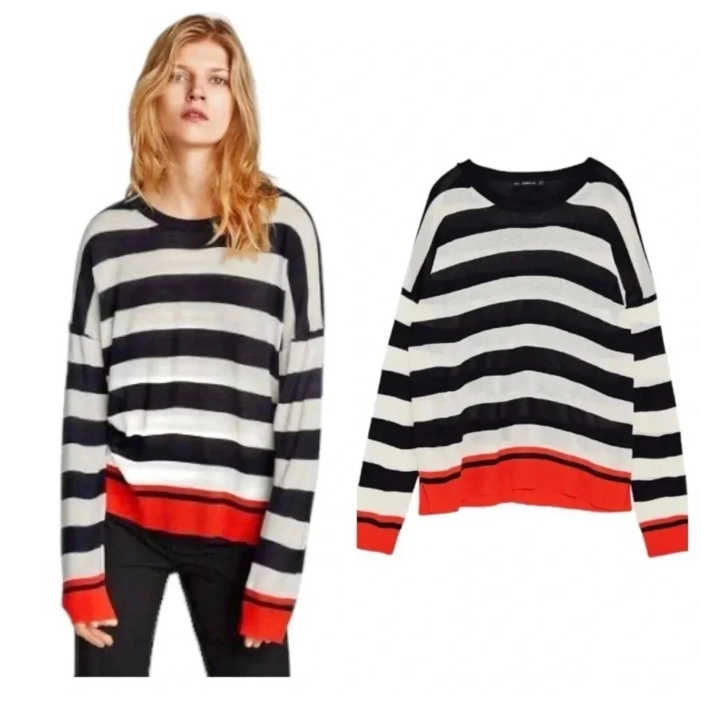 ZARA | Oversized Navy/White Striped Long Sleeve Sweater with Red Trim Size S